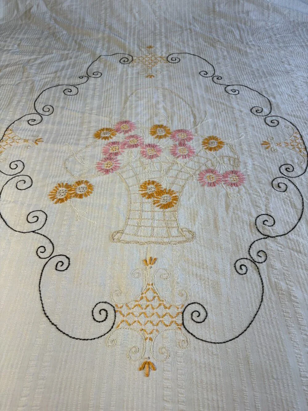 Vintage Embroidered Coverlet with Fringe. Basket of Flowers. Full Size